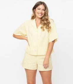 No Less Than Yellow & White Striped Pajama Shorts Lingerie & Shapewear