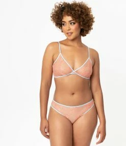 No Less Than Light Blue & Peach Sheer Lace Cross Back Bralette Lingerie & Shapewear