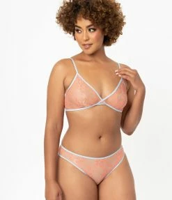 No Less Than Light Blue & Peach Sheer Lace Cross Back Bralette Lingerie & Shapewear