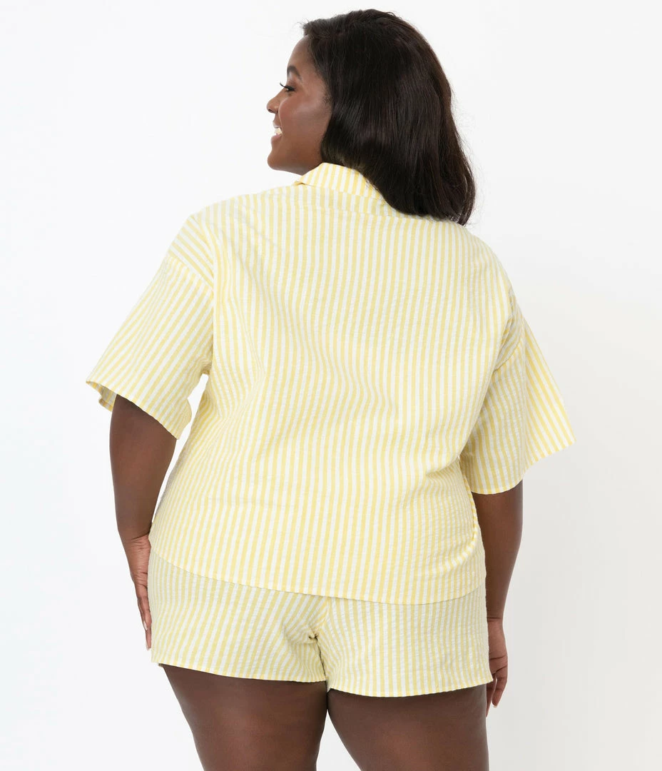 No Less Than Plus Size Yellow & White Striped Button Up Pajama Shirt Lingerie & Shapewear