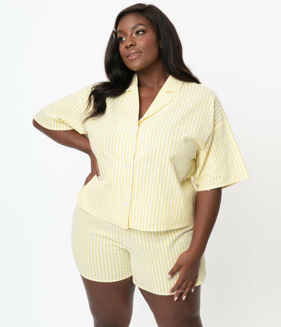 No Less Than Plus Size Yellow & White Striped Button Up Pajama Shirt Lingerie & Shapewear