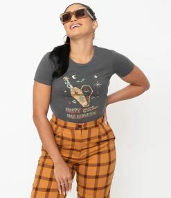 Unique Vintage Charcoal Happy Halloween Womens Graphic Tee