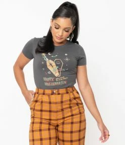 Unique Vintage Charcoal Happy Halloween Womens Graphic Tee