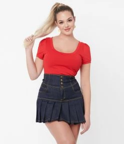 Unique Vintage Denim Pleated Serena Mini Skirt