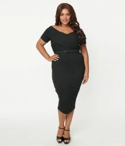 Unique Vintage Plus Size 1950s Black Wanda Wiggle Dress