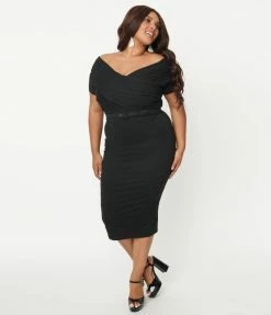 Unique Vintage Plus Size 1950s Black Wanda Wiggle Dress