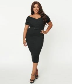 Unique Vintage Plus Size 1950s Black Wanda Wiggle Dress