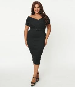 Unique Vintage Plus Size 1950s Black Wanda Wiggle Dress