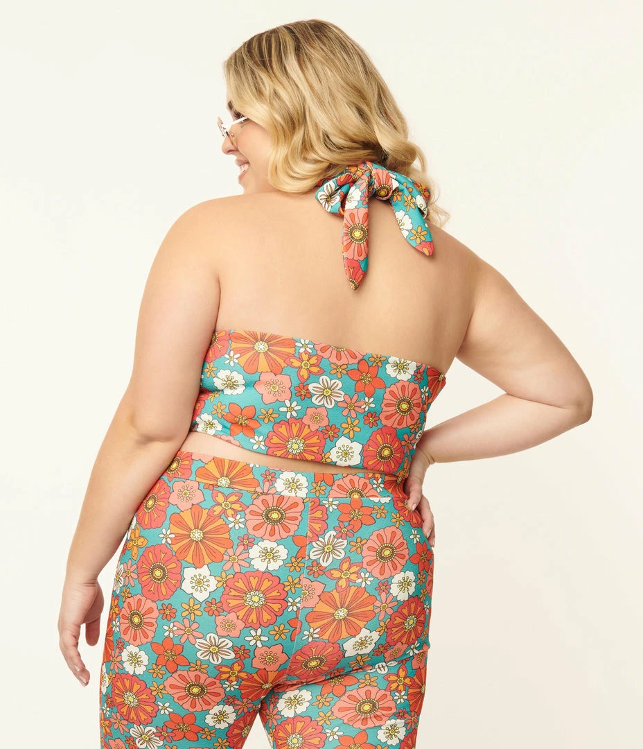 Smak Parlour Plus Size Turquoise & Pink Floral Feelin Groovy Crop Top
