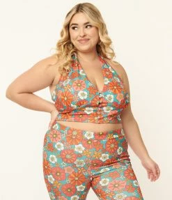 Smak Parlour Plus Size Turquoise & Pink Floral Feelin Groovy Crop Top