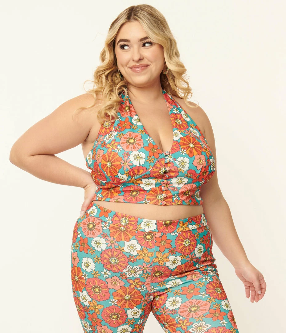 Smak Parlour Plus Size Turquoise & Pink Floral Feelin Groovy Crop Top