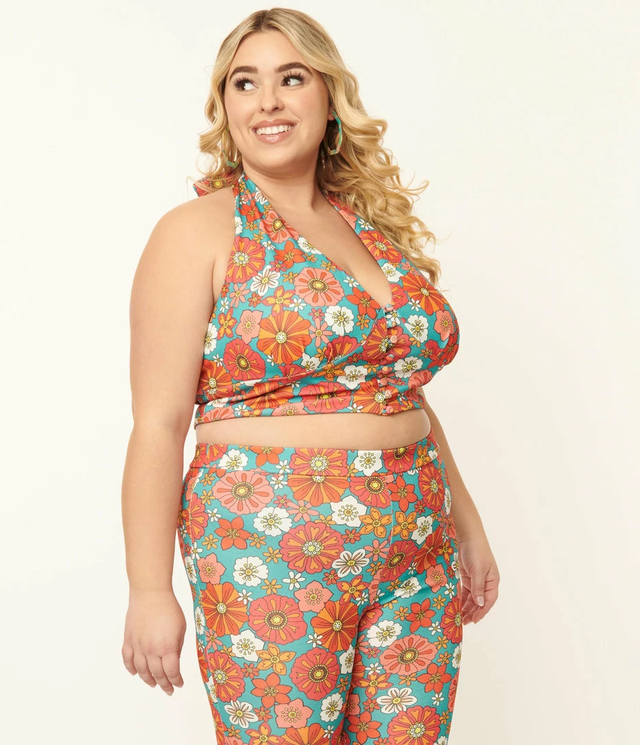 Smak Parlour Plus Size Turquoise & Pink Floral Feelin Groovy Crop Top