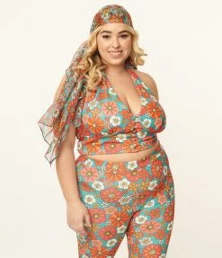 Smak Parlour Plus Size Turquoise & Pink Floral Feelin Groovy Crop Top