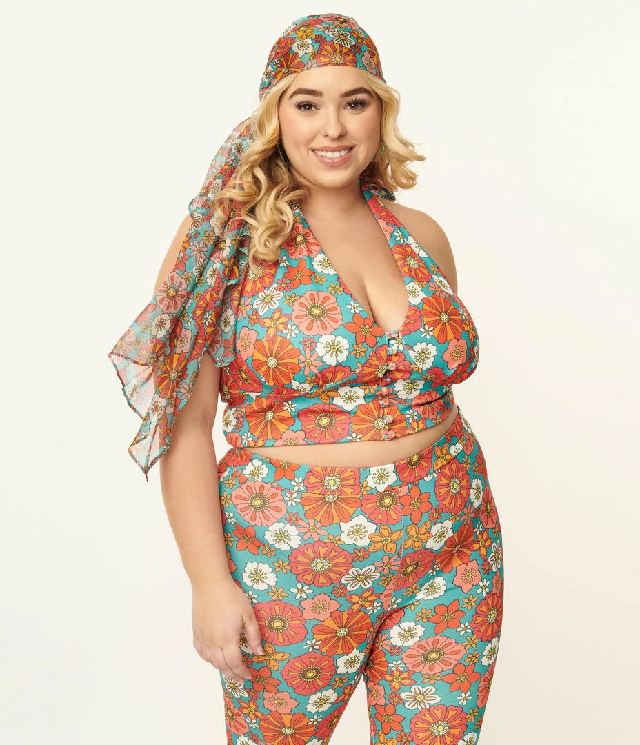 Smak Parlour Plus Size Turquoise & Pink Floral Feelin Groovy Crop Top