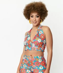 Sale Smak Parlour Turquoise & Pink Floral Feelin Groovy Crop Top