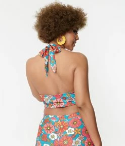 Sale Smak Parlour Turquoise & Pink Floral Feelin Groovy Crop Top