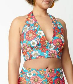 Sale Smak Parlour Turquoise & Pink Floral Feelin Groovy Crop Top