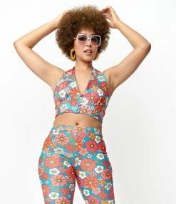 Sale Smak Parlour Turquoise & Pink Floral Feelin Groovy Crop Top