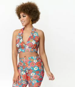 Sale Smak Parlour Turquoise & Pink Floral Feelin Groovy Crop Top