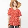 Mikarose Retro Style Brick Red & White Dainty Leaves Peplum Blouse