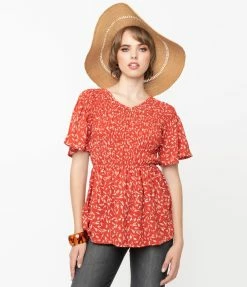 Mikarose Retro Style Brick Red & White Dainty Leaves Peplum Blouse