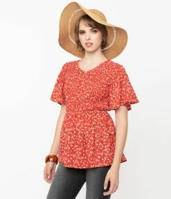 Mikarose Retro Style Brick Red & White Dainty Leaves Peplum Blouse