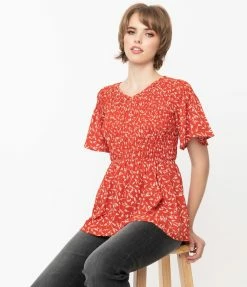 Mikarose Retro Style Brick Red & White Dainty Leaves Peplum Blouse
