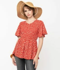 Mikarose Retro Style Brick Red & White Dainty Leaves Peplum Blouse