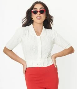 Collectif Ivory Belt Cable Knit Juniper Cardigan Sale