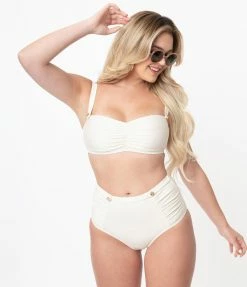 Bettie Page X Playful Promises Cream Sweetheart High Waist Swim Bottom