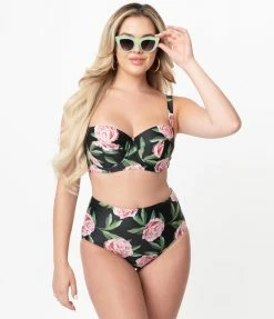 Bettie Page X Playful Promises Black & Pink Roses Claudette Swim Bottom Swimwear