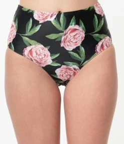 Bettie Page X Playful Promises Black & Pink Roses Claudette Swim Bottom Swimwear