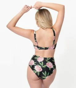 Bettie Page X Playful Promises Black & Pink Roses Claudette Swim Bottom Swimwear