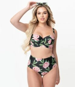 Bettie Page X Playful Promises Black & Pink Roses Claudette Swim Bottom Swimwear