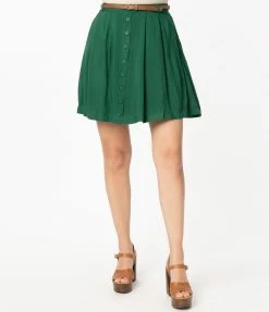 Tulip.B Retro Style Green Belted Flare Skirt Sale