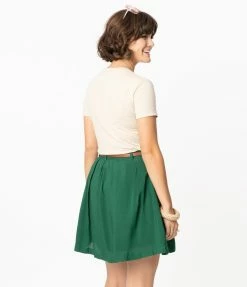 Tulip.B Retro Style Green Belted Flare Skirt Sale