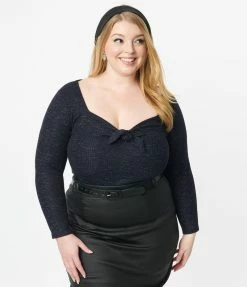 Unique Vintage Plus Size Navy Blue Tweed Maxine Top