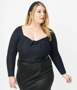 Unique Vintage Plus Size Navy Blue Tweed Maxine Top