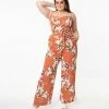 Unique Vintage Plus Size Rust Orange & Taupe Floral Print Raleigh Jumpsuit Clothing