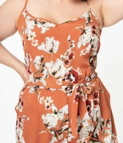 Unique Vintage Plus Size Rust Orange & Taupe Floral Print Raleigh Jumpsuit Clothing