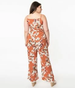 Unique Vintage Plus Size Rust Orange & Taupe Floral Print Raleigh Jumpsuit Clothing