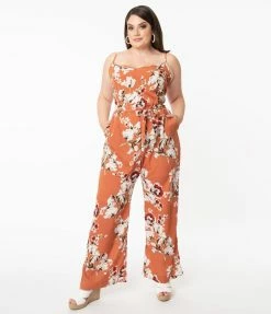 Unique Vintage Plus Size Rust Orange & Taupe Floral Print Raleigh Jumpsuit Clothing