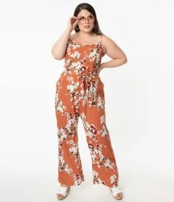 Unique Vintage Plus Size Rust Orange & Taupe Floral Print Raleigh Jumpsuit Clothing