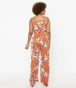 Unique Vintage Rust Orange & Taupe Floral Print Raleigh Jumpsuit