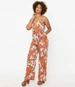 Unique Vintage Rust Orange & Taupe Floral Print Raleigh Jumpsuit