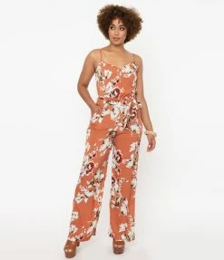 Unique Vintage Rust Orange & Taupe Floral Print Raleigh Jumpsuit