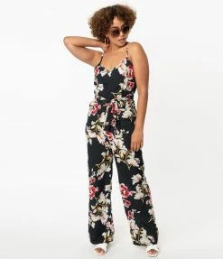 Unique Vintage Dark Green & Red Floral Print Raleigh Jumpsuit New Arrivals!