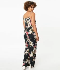 Unique Vintage Dark Green & Red Floral Print Raleigh Jumpsuit New Arrivals!