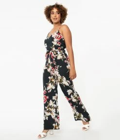 Unique Vintage Dark Green & Red Floral Print Raleigh Jumpsuit New Arrivals!