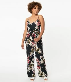 Unique Vintage Dark Green & Red Floral Print Raleigh Jumpsuit New Arrivals!